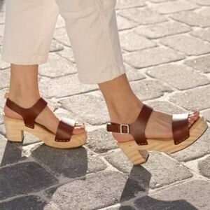 New! Nisolo All Day Open Toe Clog Leather Wood Chunky Platform Sandals in Brandy
